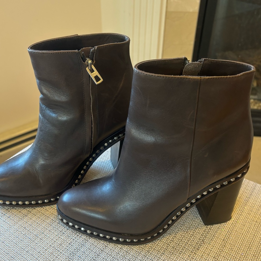 COACH Dark Brown Leather Boots with Studded accent , 8.5
